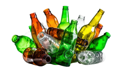 A pile of assorted colored glass bottles