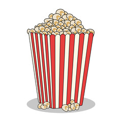 A colorful and fun cartoon illustration of a striped container filled with freshly popped popcorn, perfect for representing movies, snacks, and entertainment