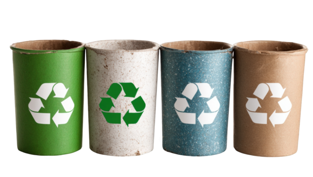 Four recycling bins in varying colors