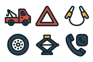 Tools and symbols for roadside assistance and vehicle maintenance in a modern design