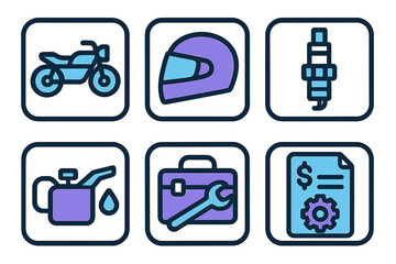 Motorcycle maintenance icons illustrate essential tools and components for bike enthusiasts and mechanics