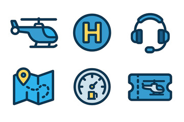 Icons representing helicopter travel and services including navigation, communication, and ticketing