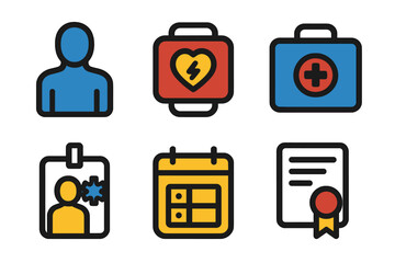 Icons representing health, identification, and organization tools in a clean, simple design suitable for various digital applications