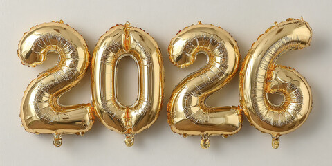 Golden foil balloons spelling out the year 2026 against a light background, perfect for New Year's greetings, future planning, and celebration themes.