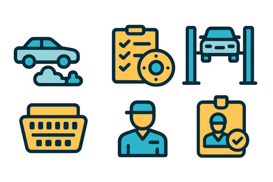 Icons representing a car service checklist, maintenance activities, and staff identification for an auto repair shop or automotive service center - Powered by Adobe