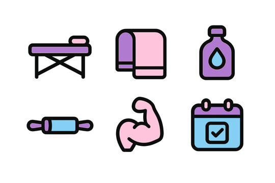Collection of fitness and wellness icons featuring massage table, towel, water bottle, muscle, and planner