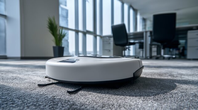 Steam vacuum cleaner working in modern office, futuristic cleaning technology - Powered by Adobe