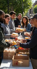 Volunteers distribute food to people in need at an outdoor event.