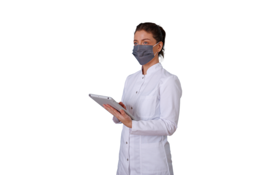 Female doctor wearing medical mask and white coat, holding a tablet, providing healthcare information, transparent background