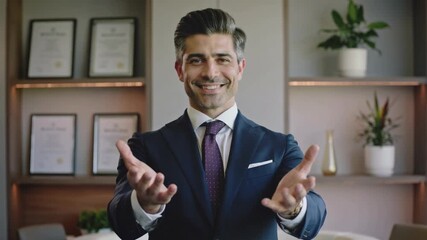 Engaging business discussion with a professional in a modern office setting, highlighting achievements and building connections