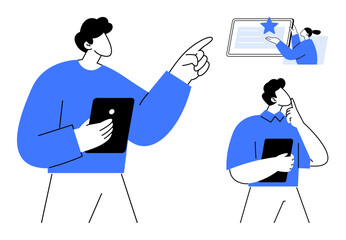 Team members holding tablets, pointing, analyzing, presenting ideas on screen with a star. Ideal for business strategy, planning, teamwork, decision-making creativity education innovation. Simple