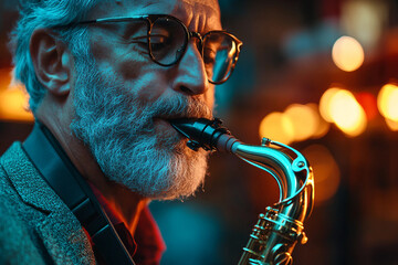 Generative AI Image of a Jazz Performer Playing a Saxophone in a Vibrant Atmosphere