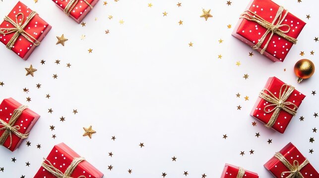 Red Christmas gift boxes with golden ribbons and ornaments on white background with glitter stars, perfect for festive banners, greeting cards, and holiday marketing designs