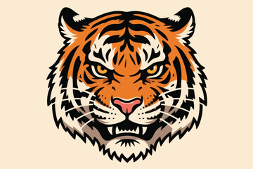 Fierce tiger head vector illustration with bold stripes, sharp teeth, and intense yellow eyes. Symmetrical design, perfect for logos, mascots, tattoos, sports, and cultural artwork projects.