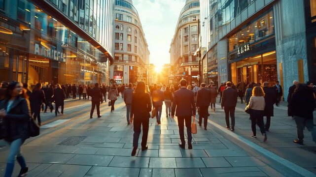 Fast motion video of business people walking in busy street in large industrial city.Zoom out.AI Generative.