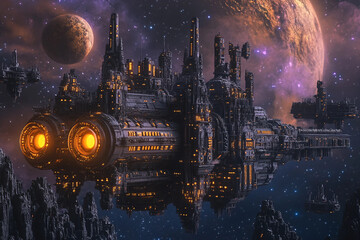 Futuristic spaceship hovering above alien planet with surreal skyline and stars in night sky, generative ai space landscape