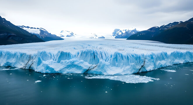 Aerial view of a large glacier meeting the ocean with mountains in the background under a cloudy sky ai generated
