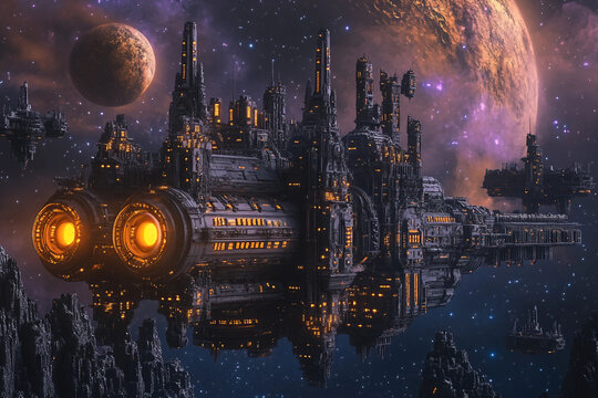 Futuristic spaceship hovering above alien planet with surreal skyline and stars in night sky, generative ai space landscape
