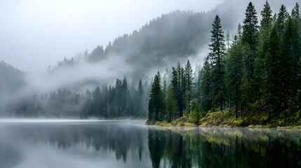 Fototapeta premium Serene forest landscape displays misty atmosphere over still water body
