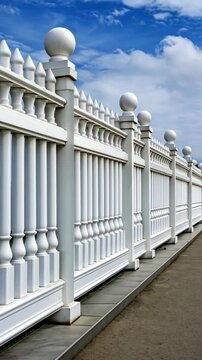 A long white fence stretches along the pathway, contrasting beautifully with the blue sky and scattered clouds above, enhancing the scenery