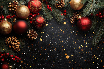 Generative AI Christmas background with festive wreath, pine branches, baubles, cones and space for holiday greeting or text