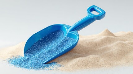 blue shovel in the sand isolated on white background 