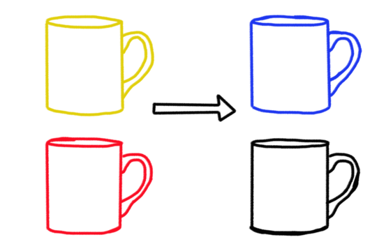 Colorful outline mugs evolving with arrow, conceptual change