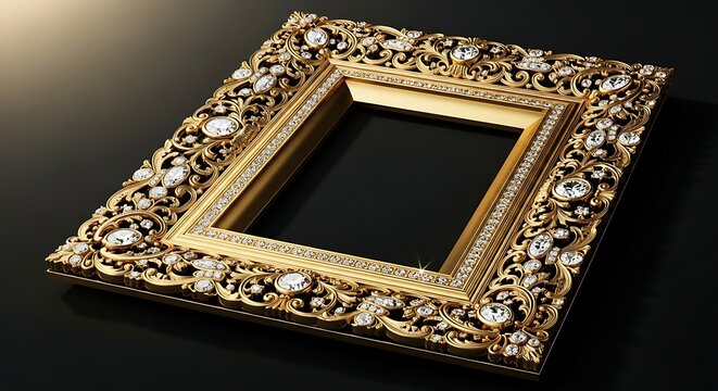 Ornate antique gold picture frame with intricate details and sparkling embellishments.