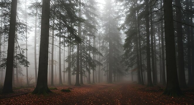Mysterious Foggy Forest with Tall Trees and Autumn Leaves.