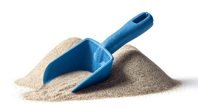 blue shovel in the sand isolated on white background 