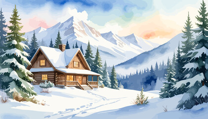 Cozy wooden cabin nestled in a snowy winter landscape.