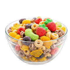 Bowl of colorful fruit flavored cereal with various shapes breakfast food