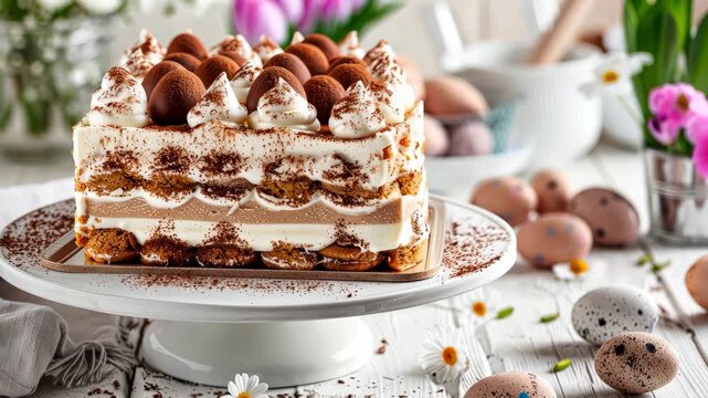 A beautifully crafted dessert showcases layers of cream and cake topped with chocolate and colorful decorations, perfect for celebrations