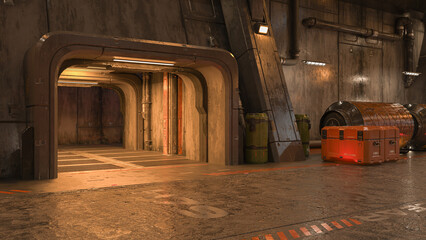 Entrance doorway to a large science fiction hangar building. 3D rendered illustration. © IG Digital Arts