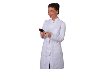 Female doctor wearing lab coat and using smartphone, smiling and scrolling on social media with transparent background
