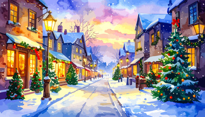Charming Snowy Christmas Village Street Scene Watercolor Painting.