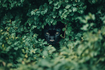 Generative AI image of a black panther stealthily walking through the lush summer forest jungle with intense eyes and dense green leaves