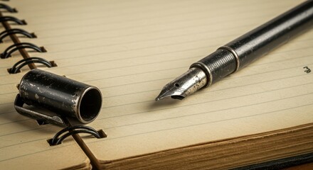 Aged metal fountain pen rests beside its open cap on a spiral bound lined notepad