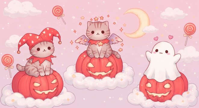 Three adorable cartoon cats in Halloween costumes sitting on pumpkins in the clouds.
