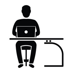 Black silhouette of a person using computer at desk, study and work vector