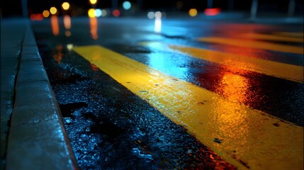 Wet urban road surface displays bright yellow road markings reflecting colorful nighttime illumination