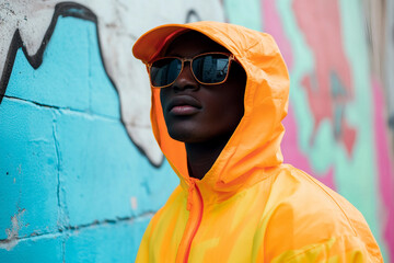 Generative AI portrait of fashionable person in urban street style outfit wearing in modern city environment