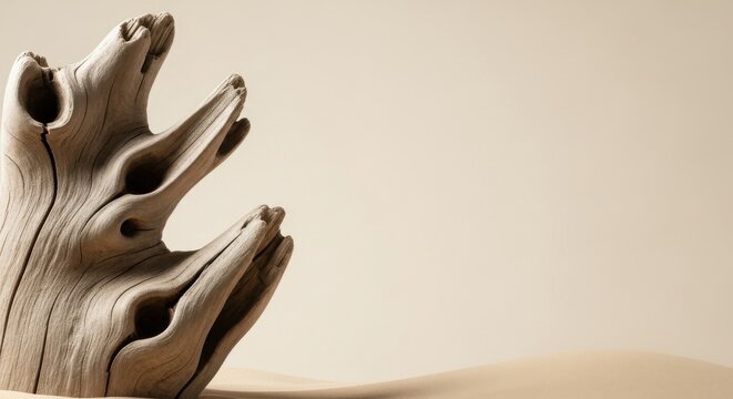 A weathered piece of sculptural driftwood sits on a sandy surface against a serene neutral backdrop