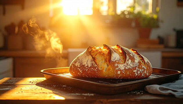 Freshly baked golden bread loaf on a baking tray, steaming in sunlight.