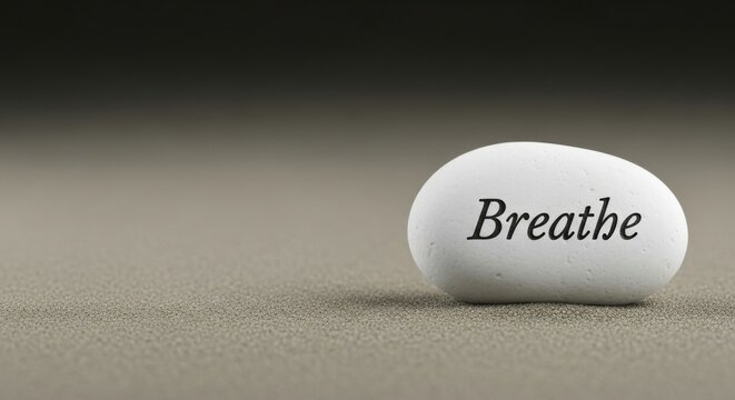 A single white stone with the word Breathe is placed on a textured surface as a reminder for mindfulness