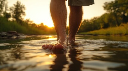 Barefoot man walking in shallow water at sunset.