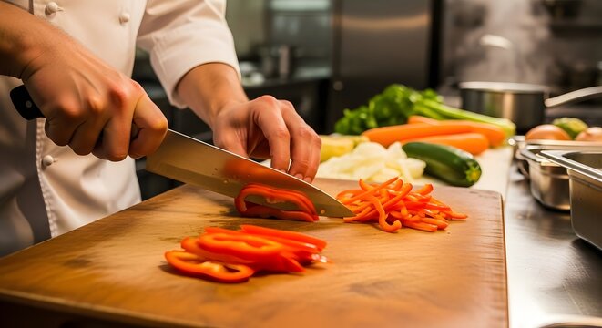 Professional chef slicing fresh red bell pepper on wooden board