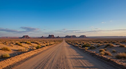 Vast Desert Road Leading to Monument Valley Buttes Under a Clear Blue Sky.