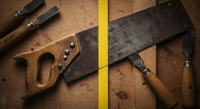 Vintage woodworking hand tools on a rustic carpenter workbench.