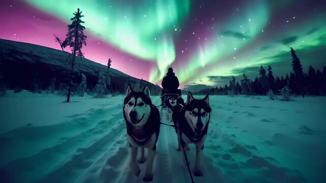 Aurora Borealis over snowy landscape with huskies and sled dog vehicle.